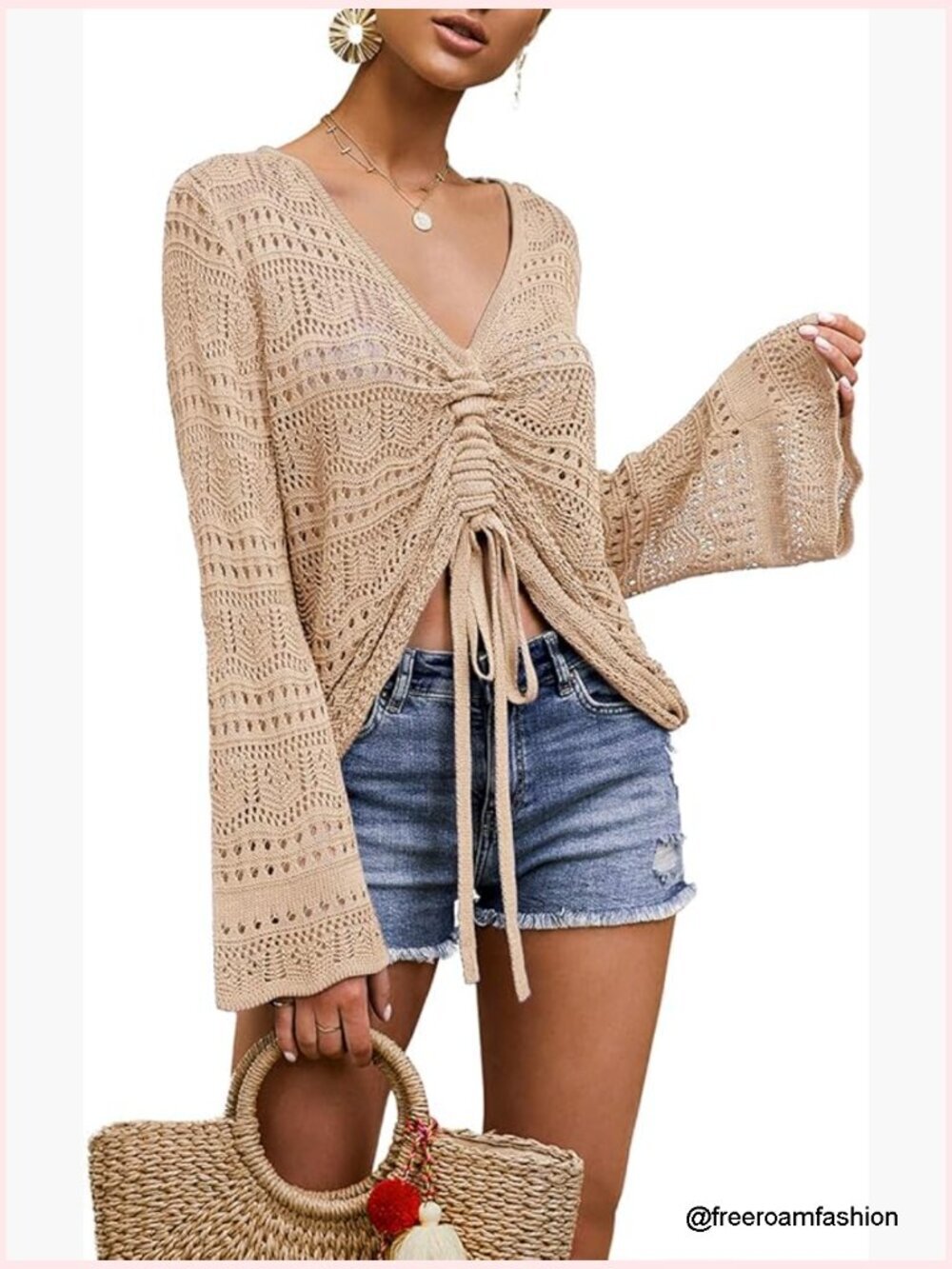 Crochet Beach Cover Up Drawstring Poncho Lace Up Tee Swimwear Top